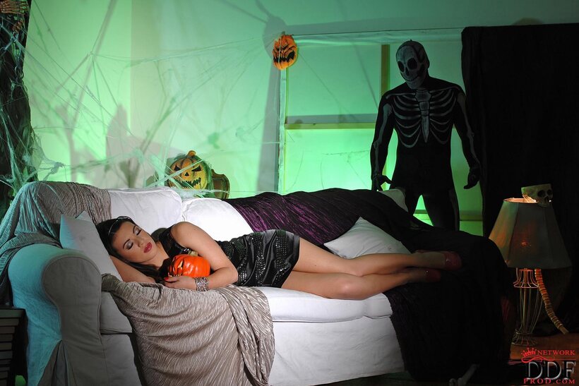 Tiffany Doll nude photo 2 — Tiffany Doll grips a pumpkin during Halloween sex and gets facialed