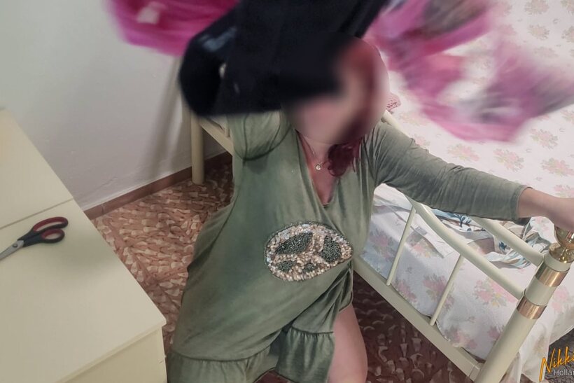 Image 10/15: Nikki Holland blindfolds herself while toying with her panties in a dress