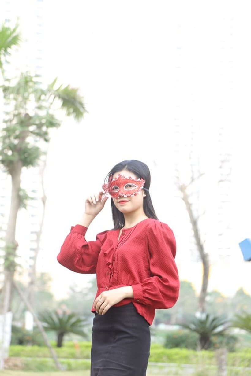 Image 18/21: Outside in stockings and heels, masked Asian beauty strikes a pose