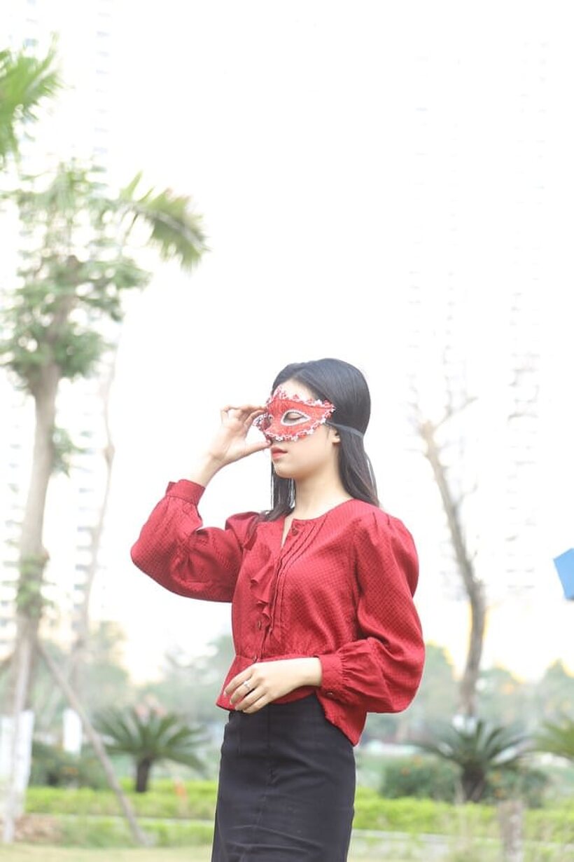 Image 19/21: Outside in stockings and heels, masked Asian beauty strikes a pose