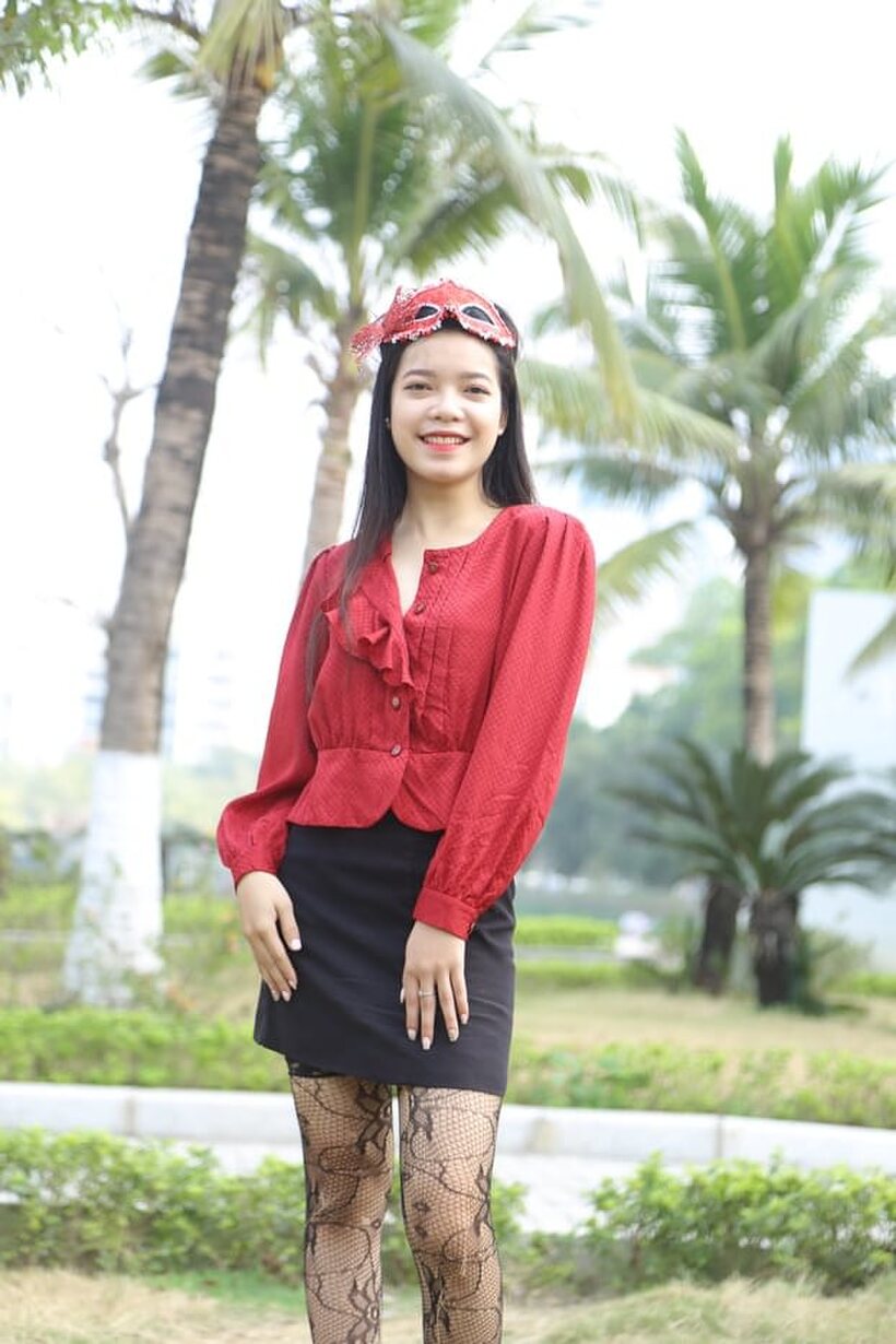 Photo 21 — Outside in stockings and heels, masked Asian beauty strikes a pose
