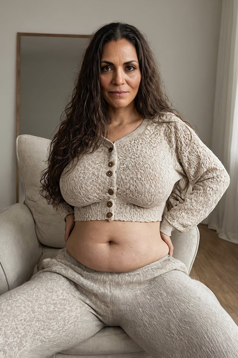 Image 2/15: Chubby brunette removes her cropped sweater and leggings, then poses nude