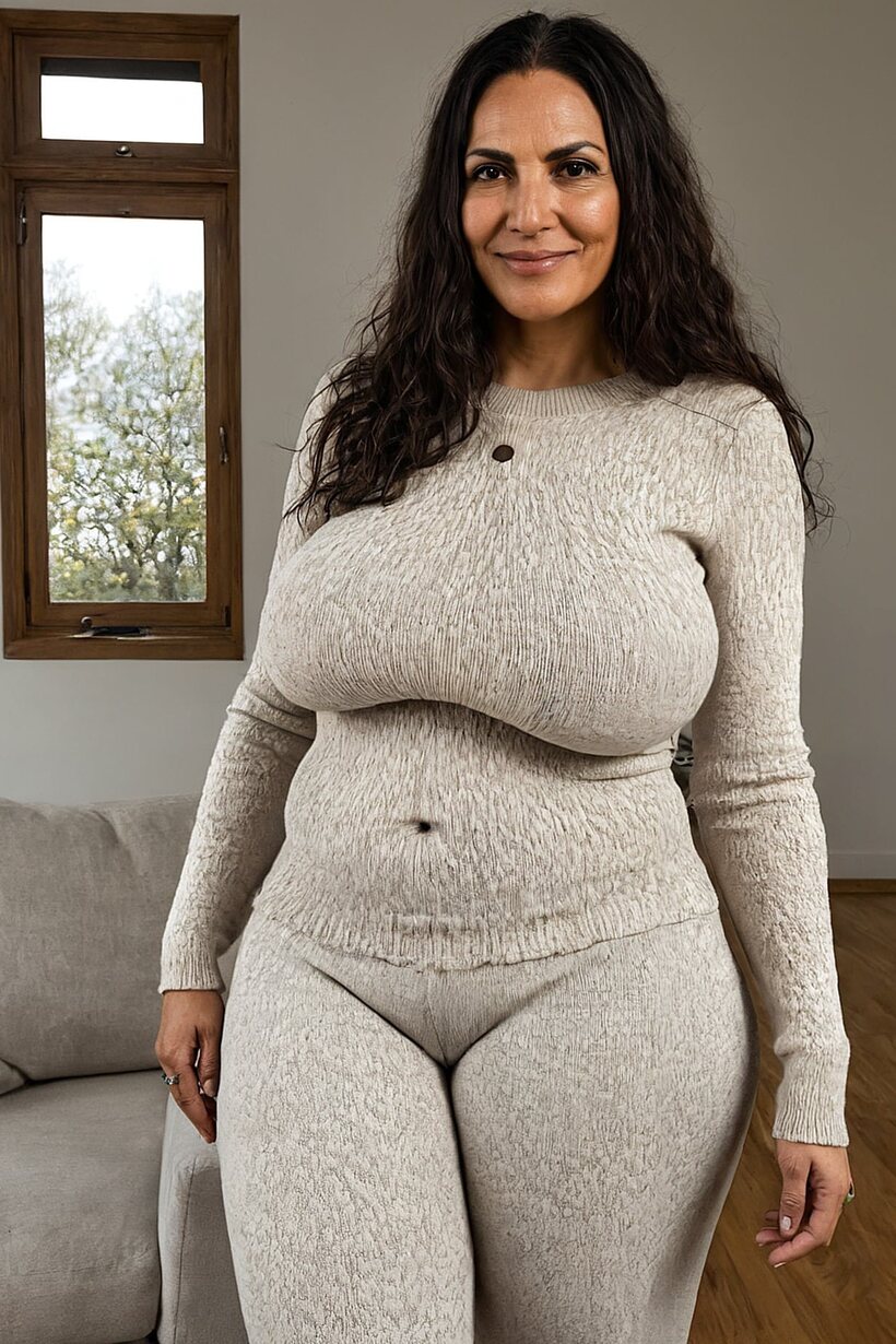 Chubby brunette removes her cropped sweater and leggings, then poses nude (shot 4)