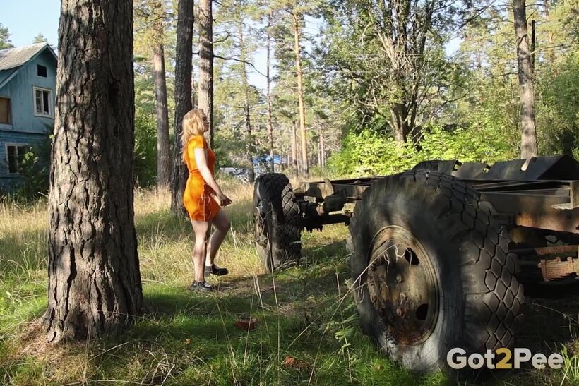 Blonde Alice Klay shows her big pussy while pissing, photo 1 of 15