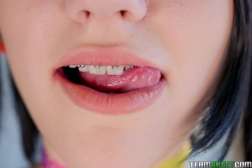 Image 3/17: Karly Baker, in pigtails and braces, sucks cock before getting fucked