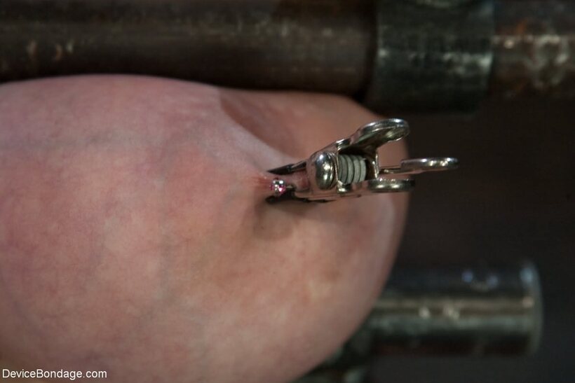 Katie Kox takes caning in metal bondage on her big tits (shot 10)