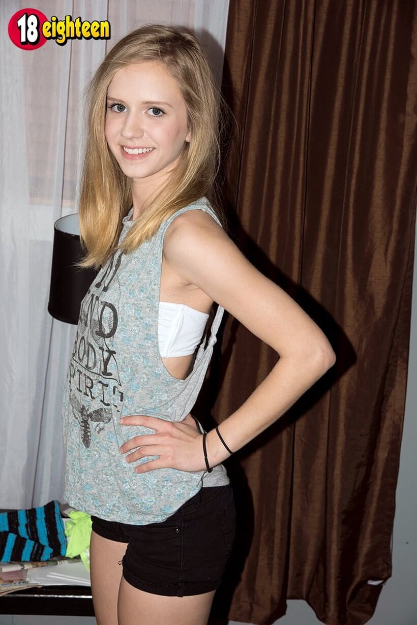 Skinny Rachel James poses with her tiny tits on display in shorts with J Mac (shot 1)