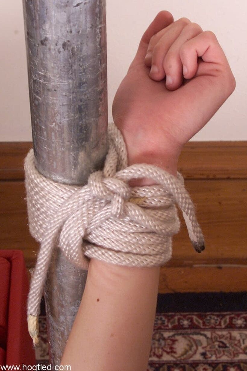 Melissa Ashley is tied to a metal frame and fingered with a ball gag, photo 1 of 16