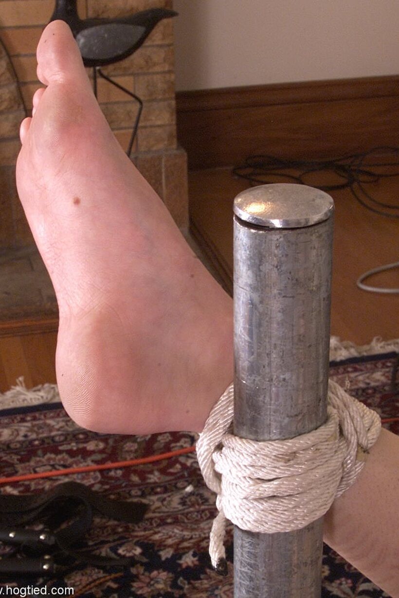 Image 2/16: Melissa Ashley is tied to a metal frame and fingered with a ball gag