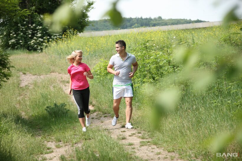 Image 2/20: Blonde Clara Moon fucks a guy outdoors during a jogging break
