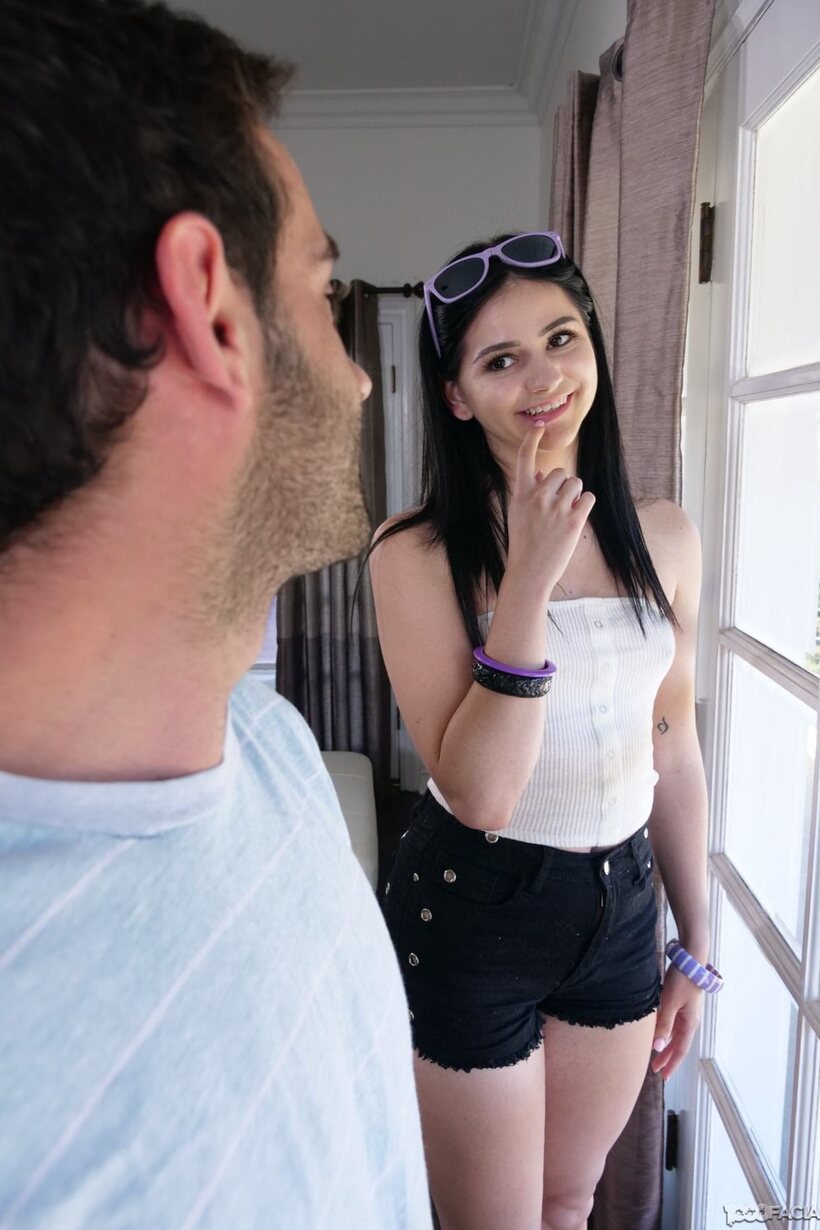 Image 13/18: Violet Rain sucks cock at the front door in POV, then takes a facial