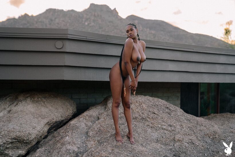 Ebony girl undresses and shows her big tits and hairy pussy outdoors (shot 13)