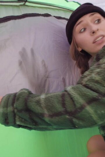 In a tent, Angel Youngs sucks a thick cock and gets fucked deep