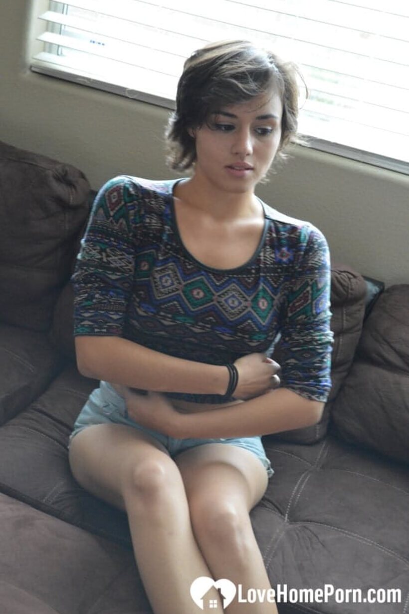 Amateur pic 4 from the set «Pretty girl exposes her tiny tits while playing with a dildo»