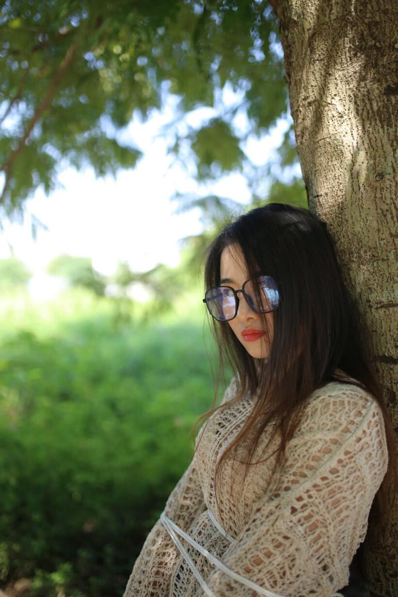 Posing in a cute outfit outdoors, Elena shows off her glasses and Asian charm, photo 6 of 21