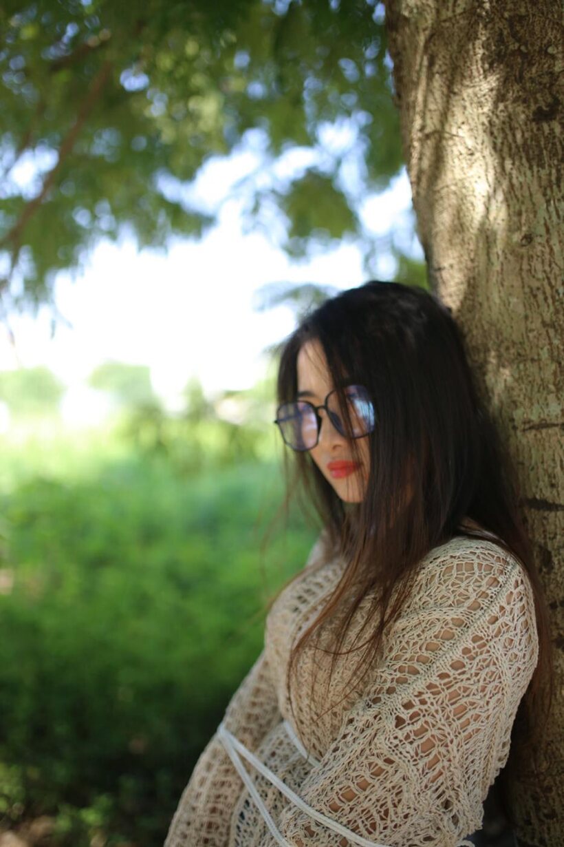 Posing in a cute outfit outdoors, Elena shows off her glasses and Asian charm, photo 7 of 21