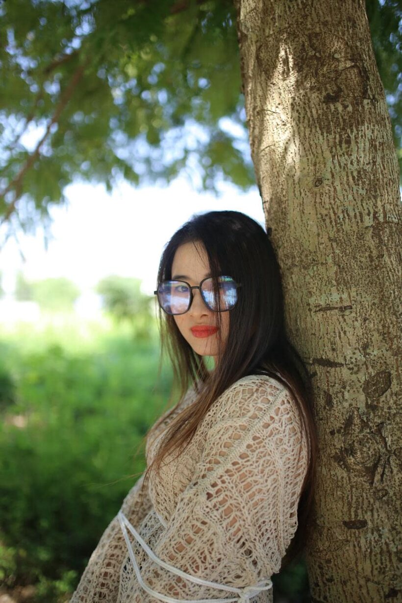 Amateur pic 10 from the set «Posing in a cute outfit outdoors, Elena shows off her glasses and Asian charm»
