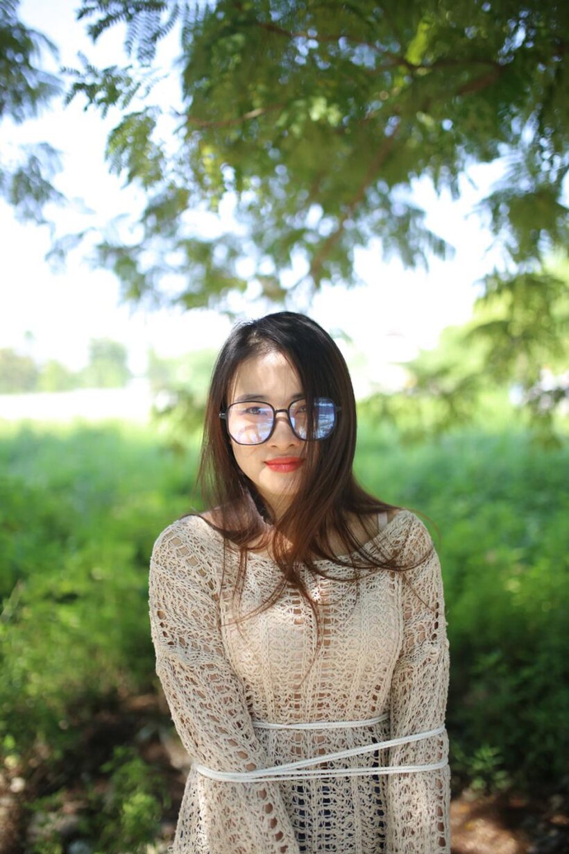 Posing in a cute outfit outdoors, Elena shows off her glasses and Asian charm, photo 12 of 21