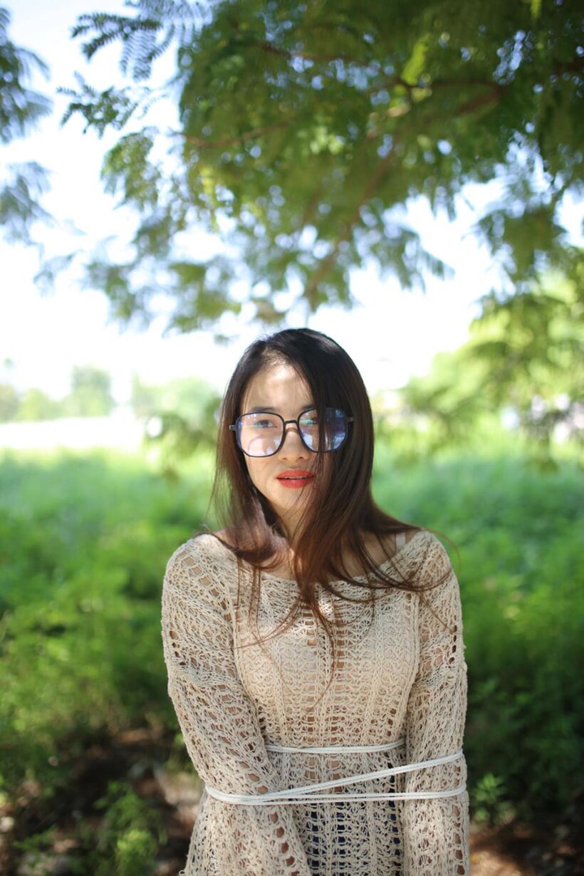 Posing in a cute outfit outdoors, Elena shows off her glasses and Asian charm, photo 18 of 21