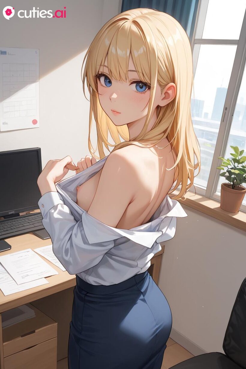 Photo 7 — Nude petite blonde AI babe flashes her pussy in the office