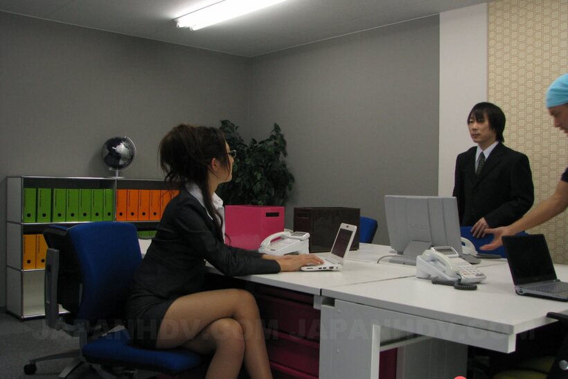 Image 9/15: In a business skirt, Julia Nanase flashes nylon legs and ass