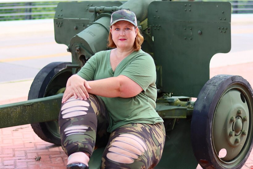 Image 12/12: Obese amateur Goddess Pear poses in camo on artillery gun