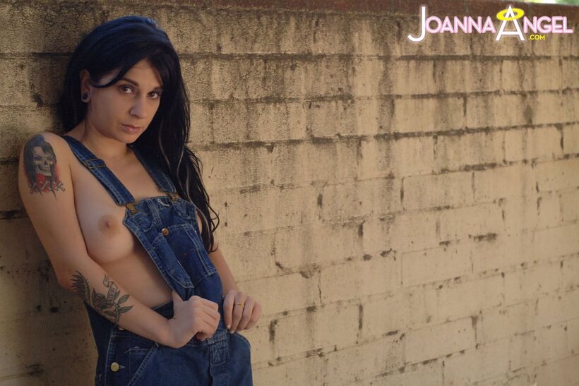Image 4/16: Joanna Angel lets her boobs spill from overalls before stripping
