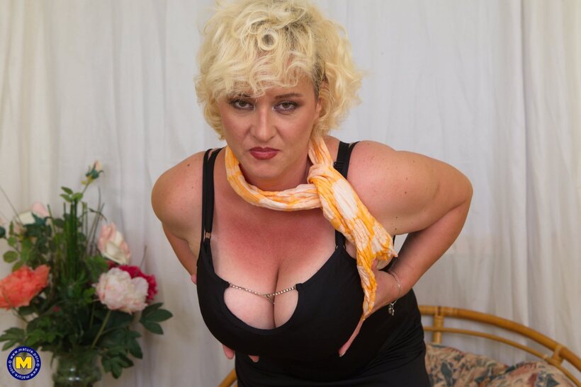 Image 5/16: Mature blonde strips down for pussy teasing and nipple play