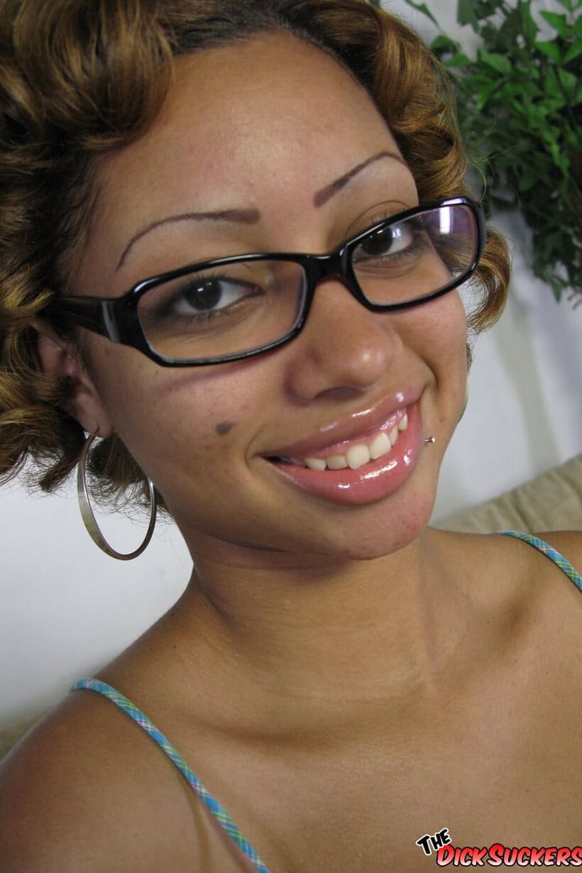 Image 1/21: Angel Cummings strips, then takes a POV cock with her glasses on