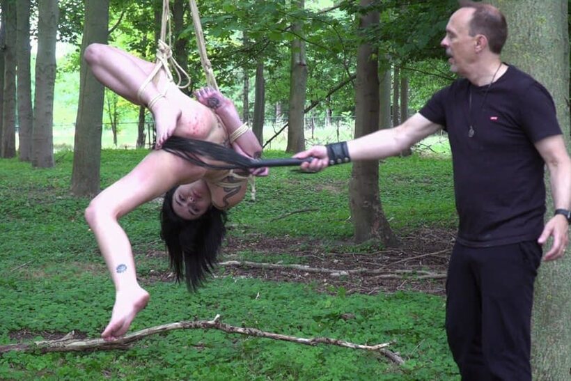 Crystal Cherry nude photo 13 — Flogged in the woods, Crystal Cherry sucks cock while nude and bound