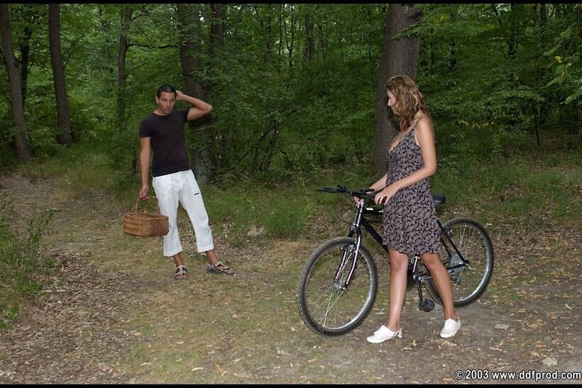Judy White gets her feet fucked and covered in cum out in the woods, photo 1 of 21