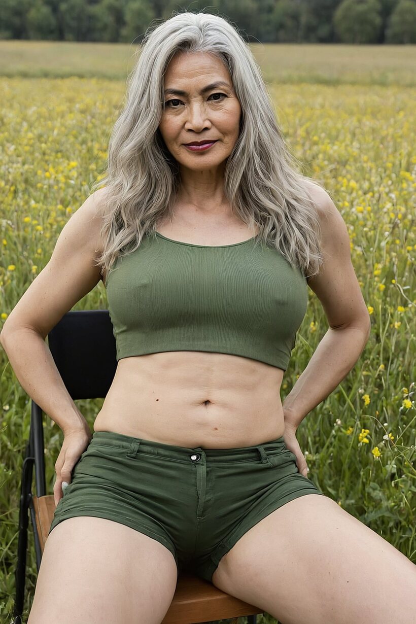 Silver-haired nude poses among wildflowers in a field (shot 7)