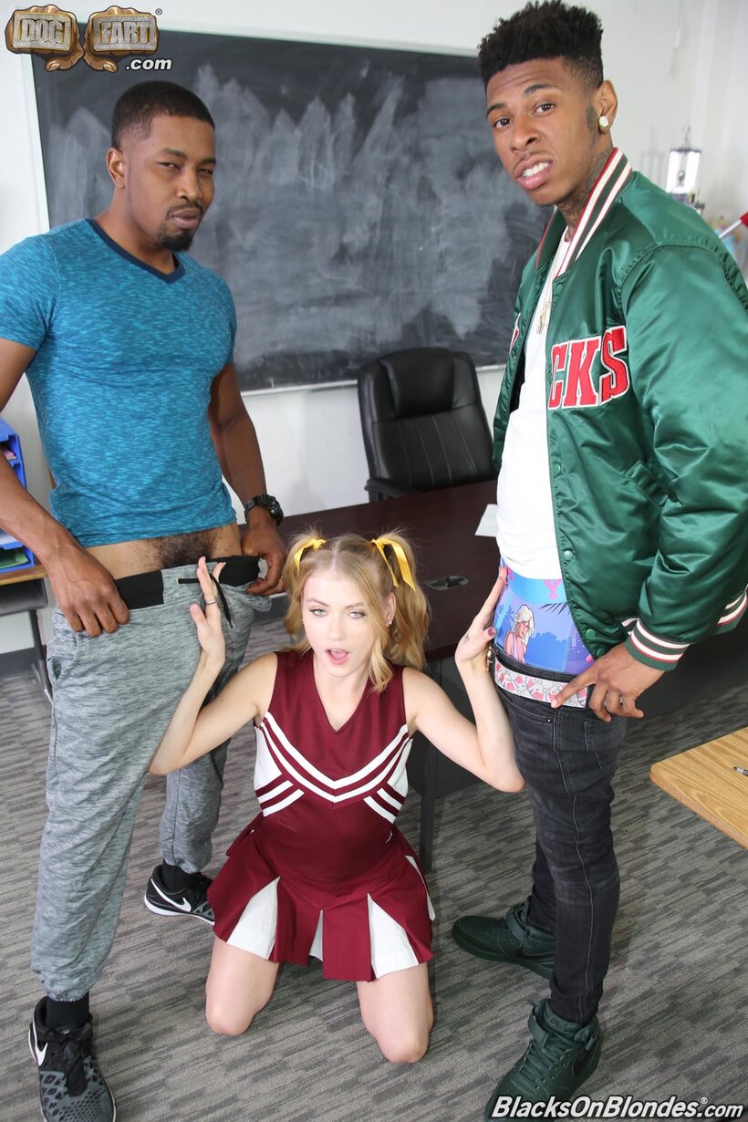 Hannah Hays joins two black boys for an interracial cheerleader threesome (shot 6)