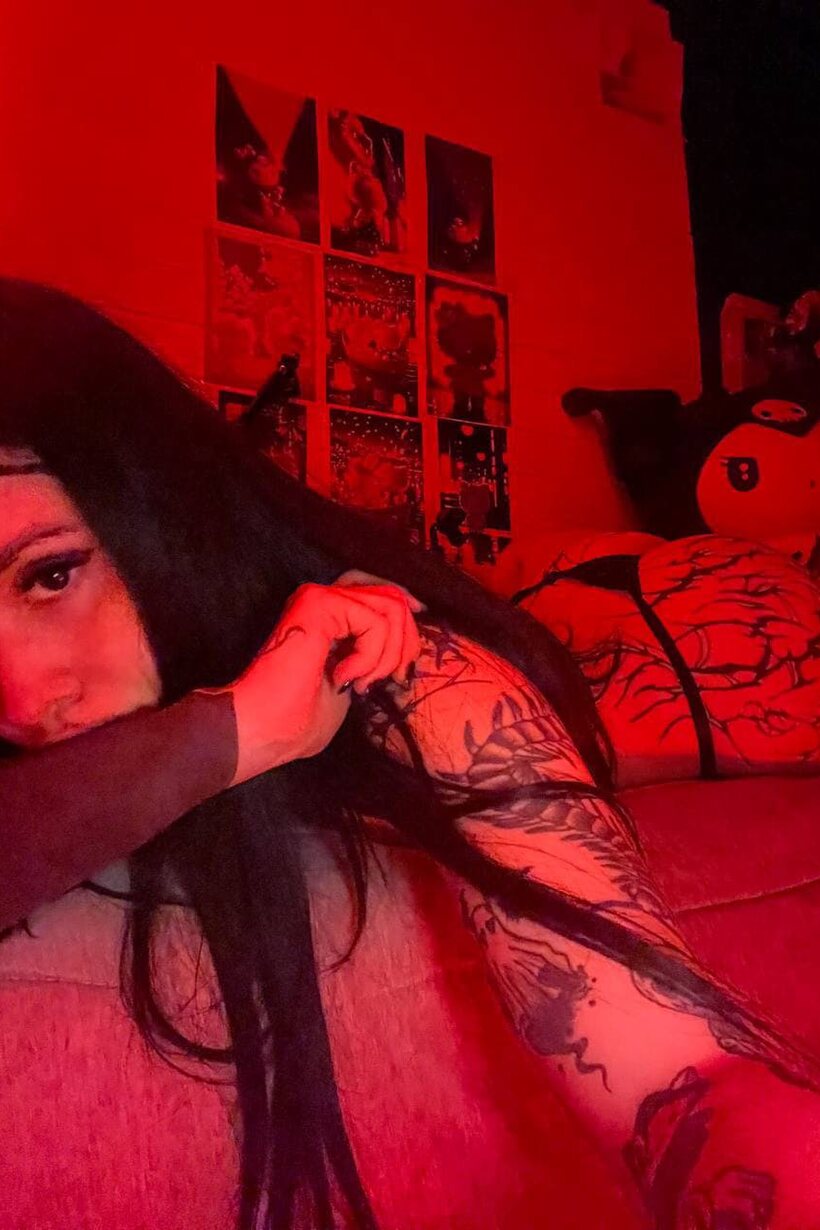 Image 10/16: Tattooed teen poses for selfies with her tits out in a thong