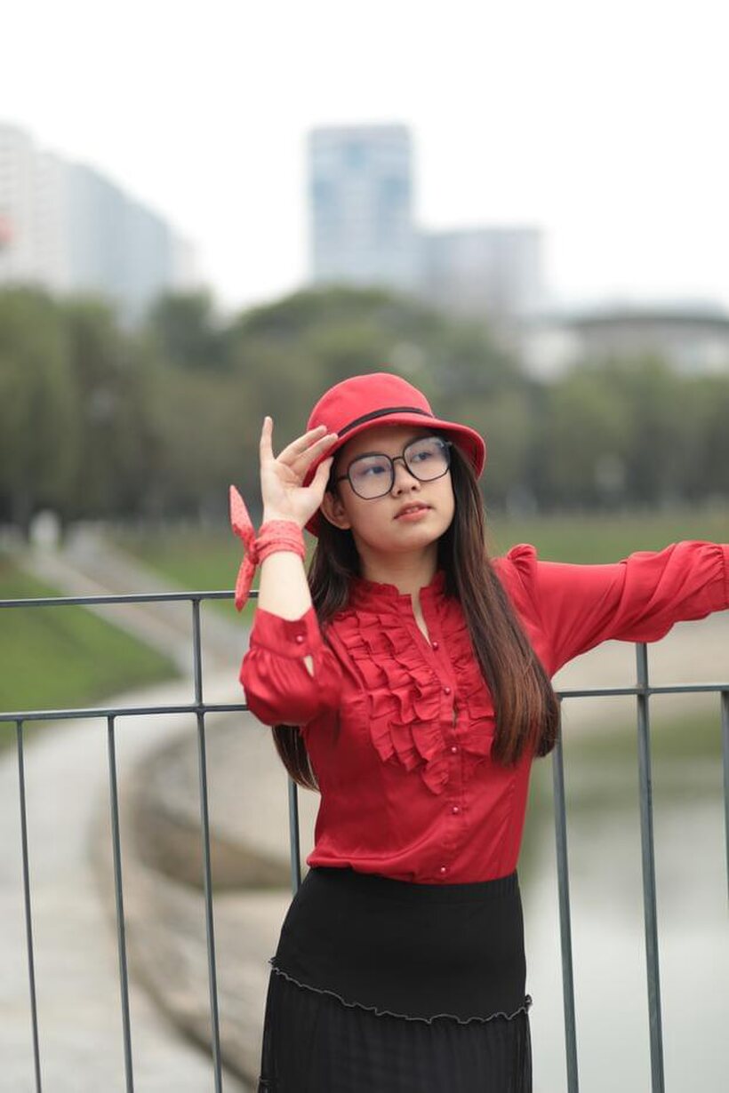 Natalia poses in a classy outfit on the bridge, Asian solo (shot 19)