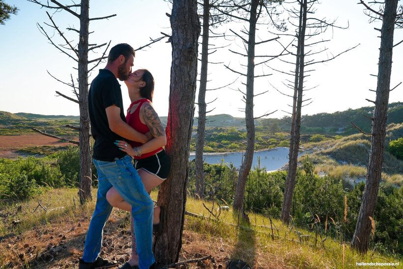 Image 2/21: Tattooed amateur shares a woods picnic with her man friend