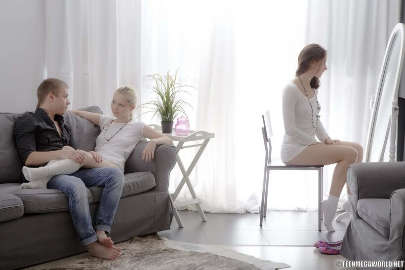 Teen Mirta shows her pink pussy in a threesome in socks with Aruna Aghora, photo 15 of 16