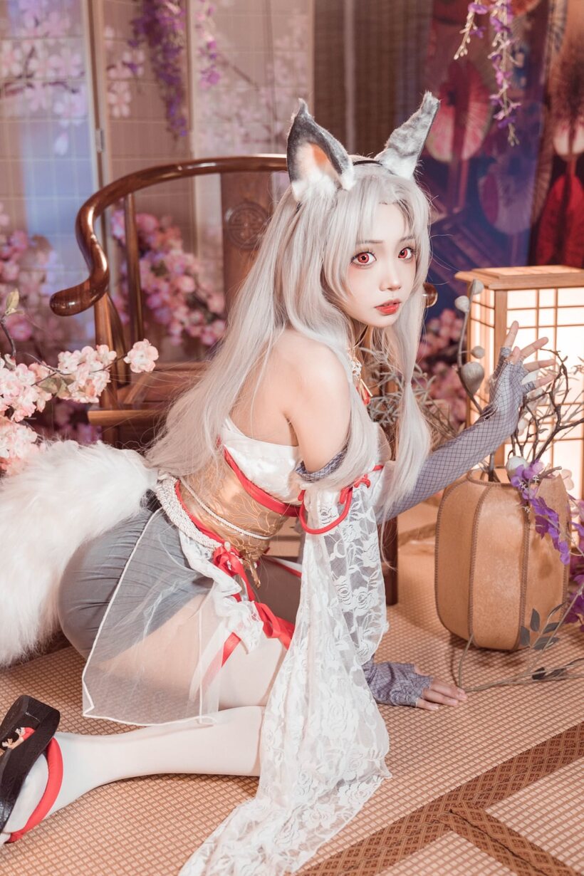 Asian nude photo 1 — Platinum blonde Asian girl poses outdoors in cosplay lingerie
