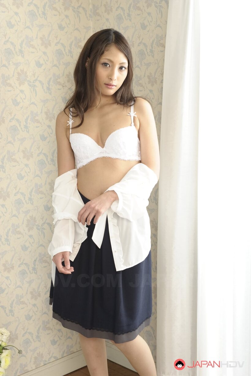 Image 2/15: Clothed Aoi Miyama strips out of her skirt and shows her natural tits and hairy pussy