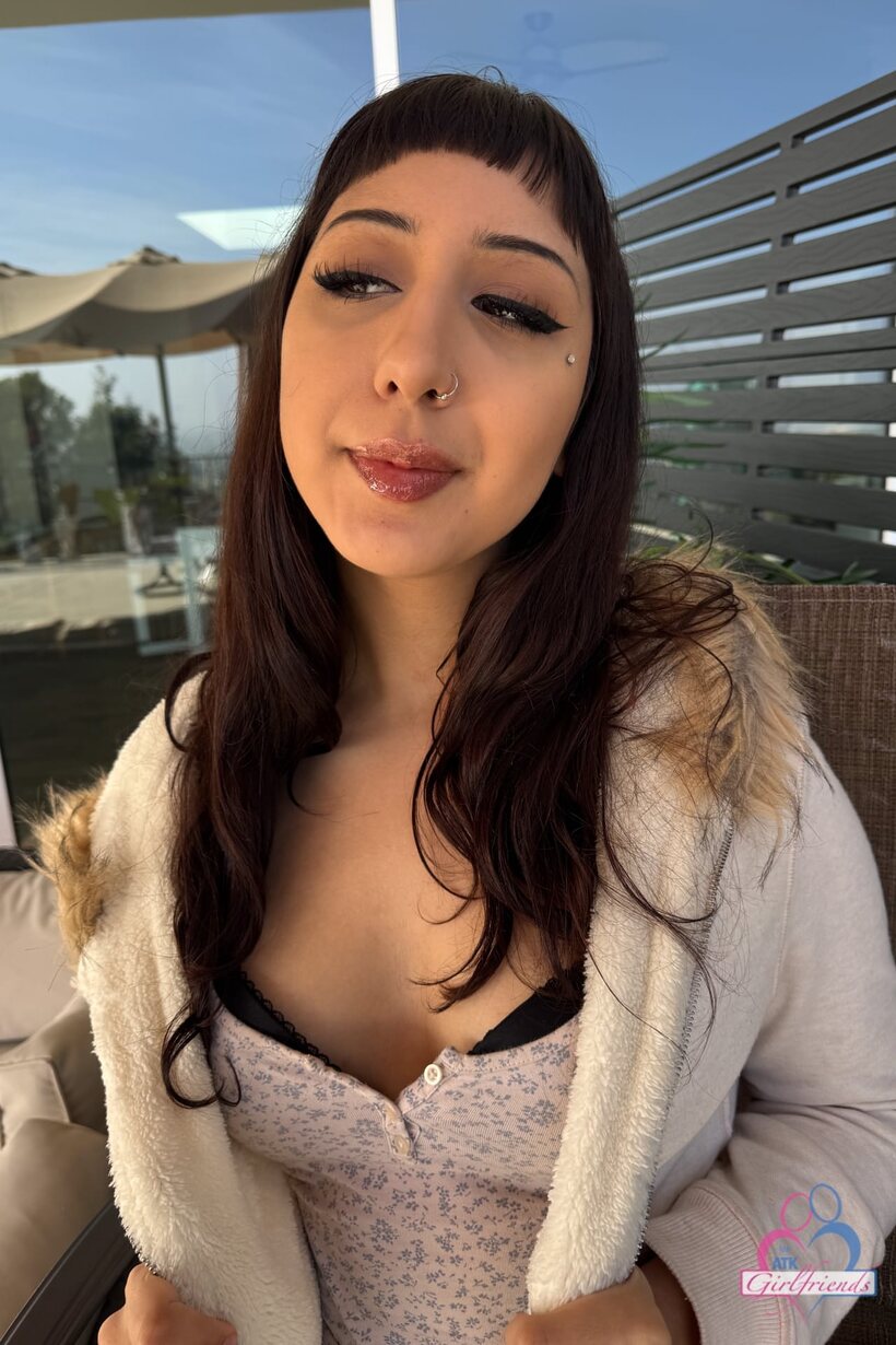 Image 2/21: A brunette shows her hairy pussy to her blonde stepmom