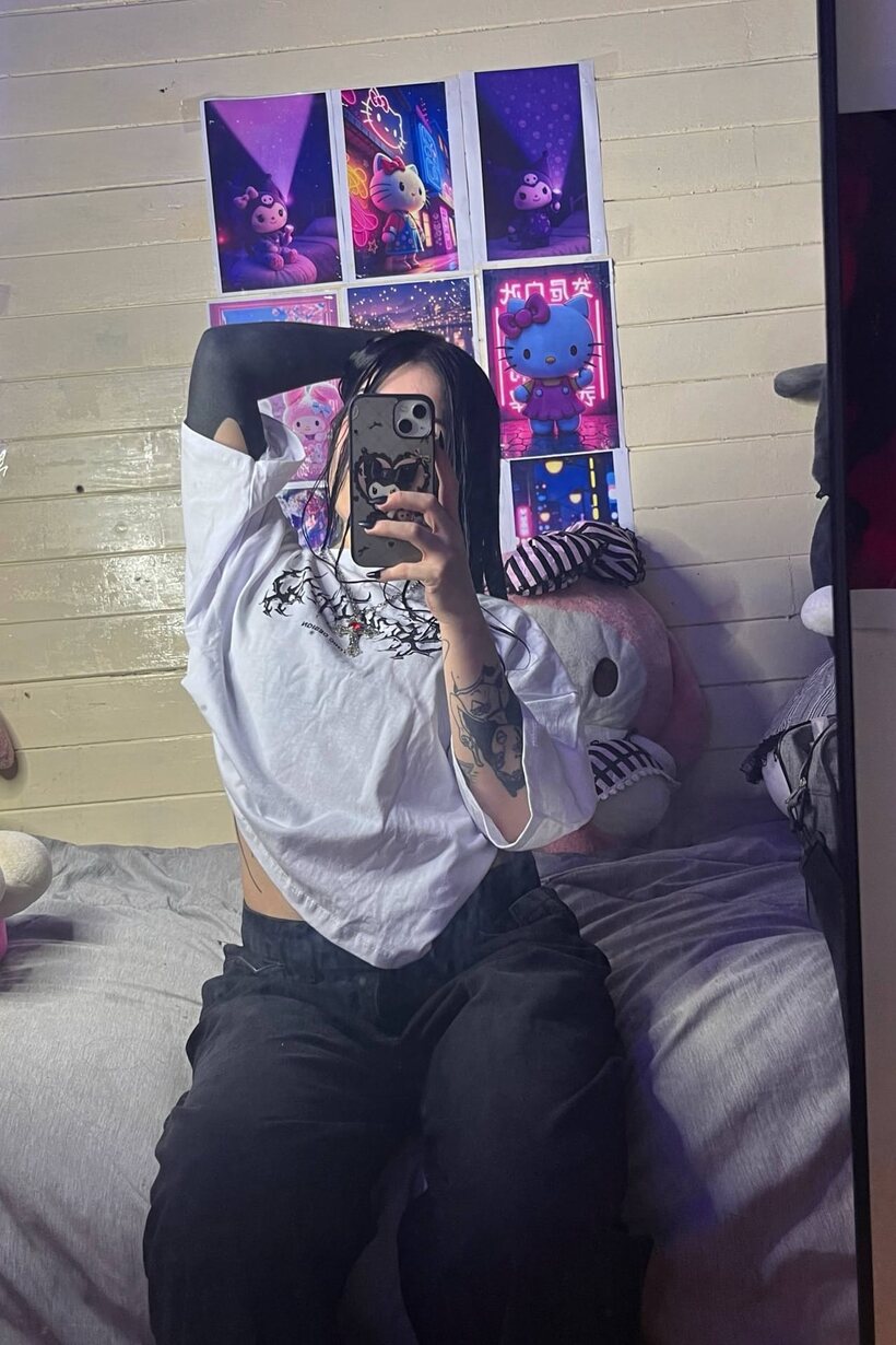 Photo 3 — Tattooed Latina teen poses for mirror selfies, baring her flat stomach