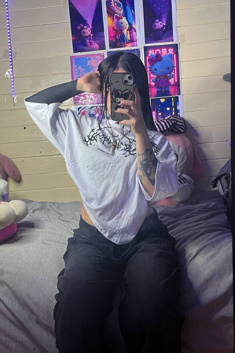 Image 4/12: Tattooed Latina teen poses for mirror selfies, baring her flat stomach