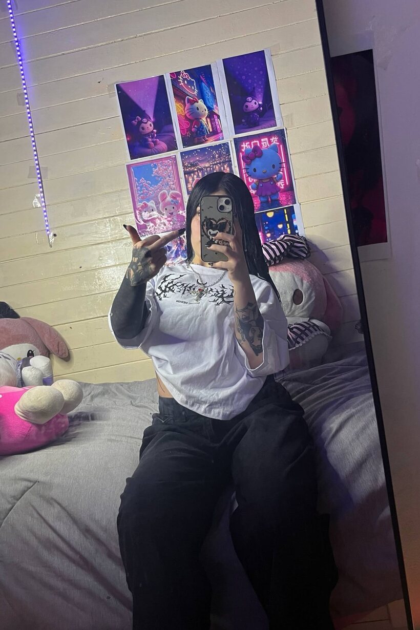 Image 5/12: Tattooed Latina teen poses for mirror selfies, baring her flat stomach