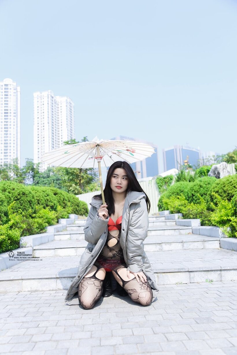 Asian nude photo 16 — Outdoor compilation of a brunette babe flashing her shaved pussy