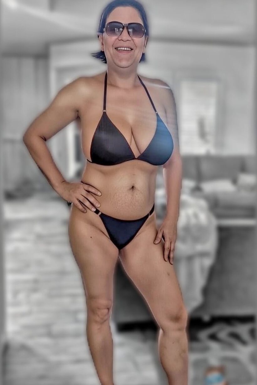 Image 3/15: Sunglasses and heels frame this curvy Latina housewife in a bikini